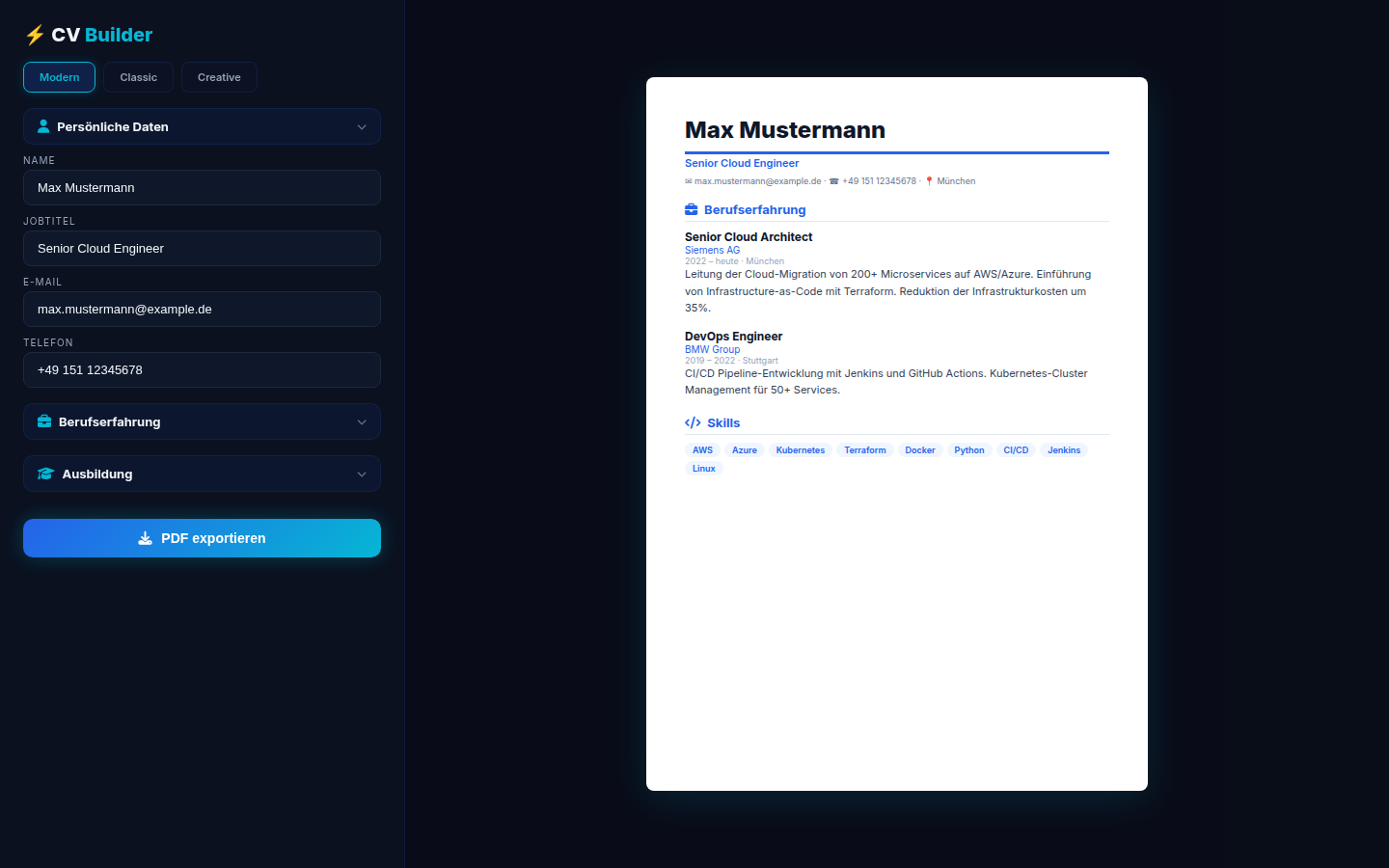 jobfrequenz CV Builder — KI-gestützte Lebenslauf-Erstellung
